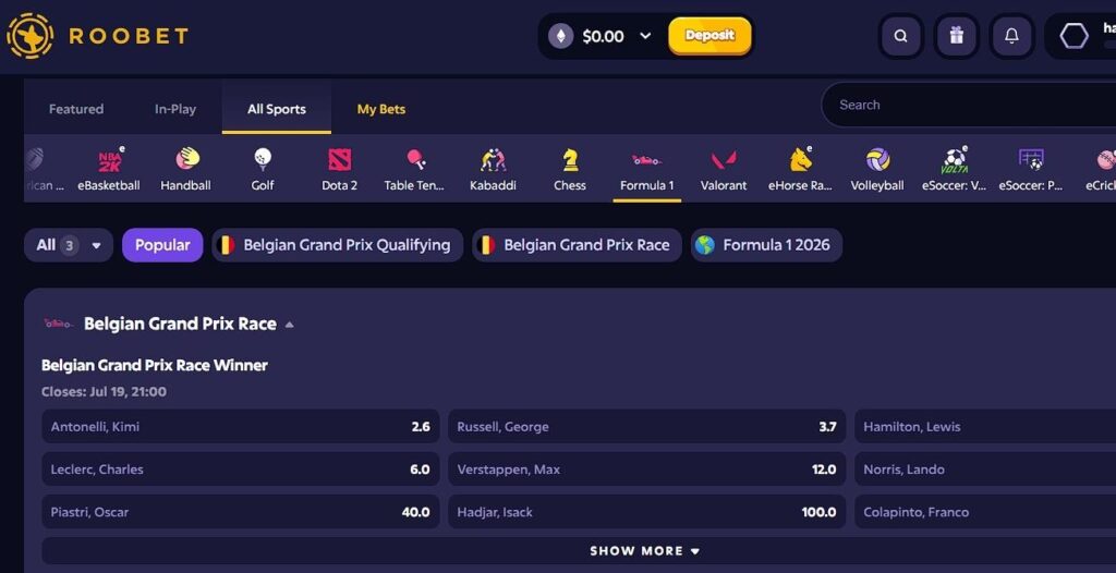 A screenshot of Roobet&rsquo;s F1 betting page